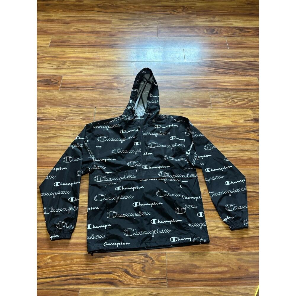 Champion Black/White All Over Print Hooded Windbreaker 1/4 Zip Men’s Size Small